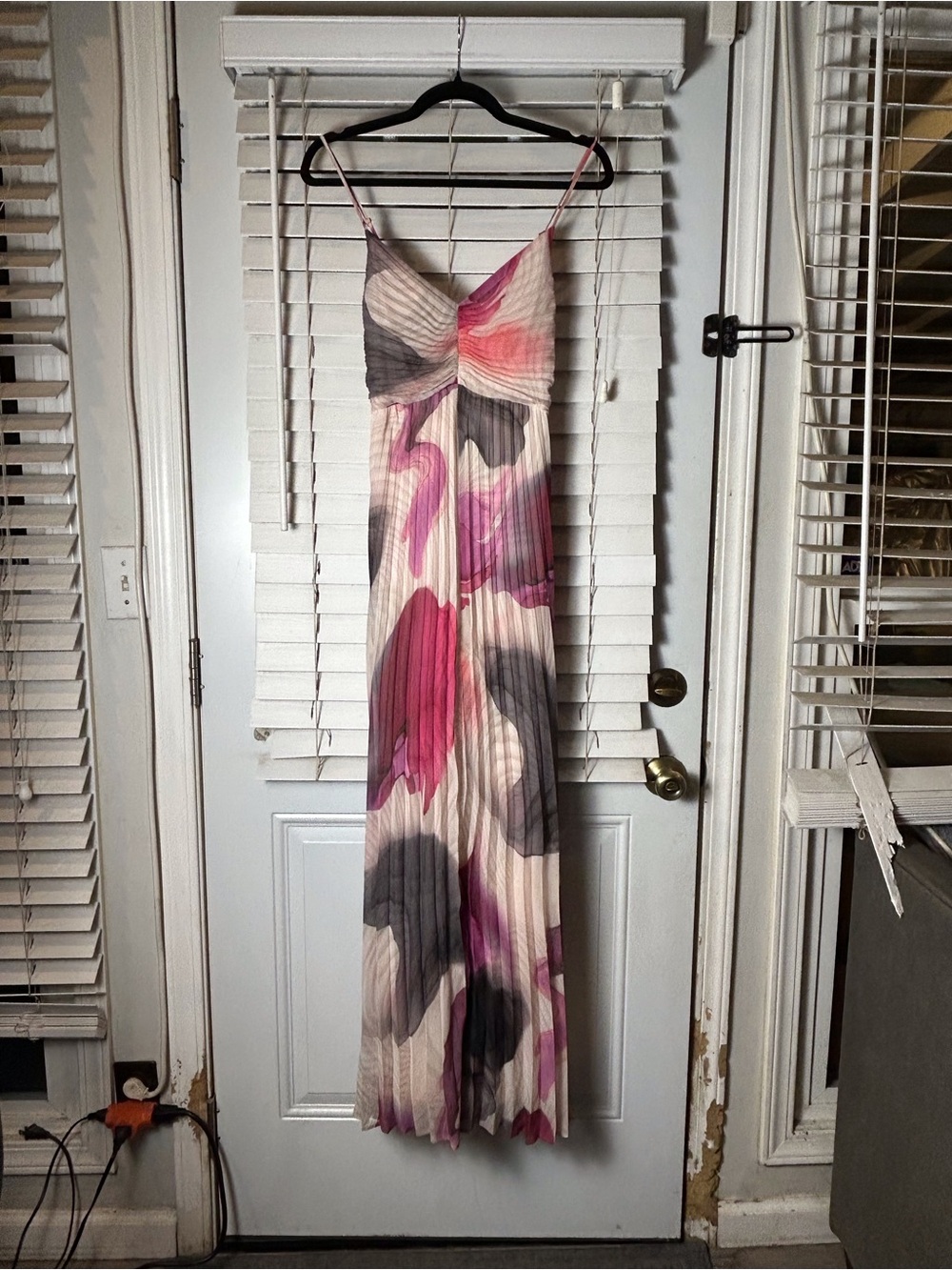 Pleated Watercolor Midi Dress Med Pink Gray Abstract Boho Psychedelic Swishy